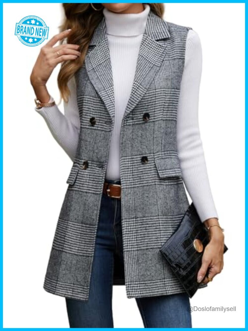 Sleeveless Tweed Blazer Vest Notched Collar Long Layering